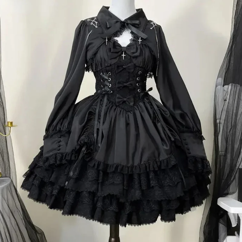Japanische viktoria nische Gothic Lolita Kleid Frauen Punk-Stil süße Spitze Bogen Eving Party Kleider Harajuku Y2k Cosplay Prinzessin Kleid Image