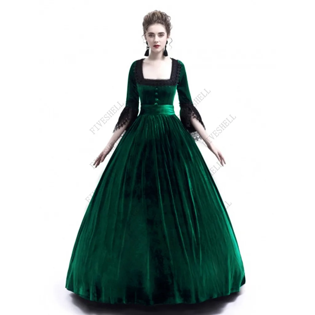 Costume medievale da donna rinascimentale abito lungo in pizzo retrò mago Cosplay colletto quadrato abito da ballo Vintage gotico vittoriano