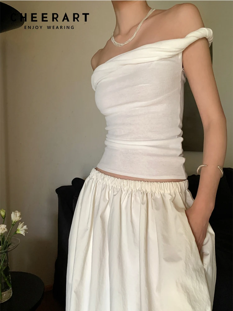 Cheer art Knick von der Schulter Sommer Strickwaren Designer Strick Crop Top für Frauen 2024 Mode Tank Top weiß schwarz beige Kleidung Image