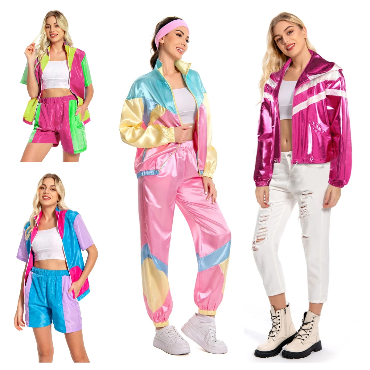 Erwachsene Retro 80er 90er Jahre Cosplay Sportwear Kostüm Damen Casual Kapuzenjacke Reißverschluss Mantel Outfits Halloween Karneval Party Anzug Image