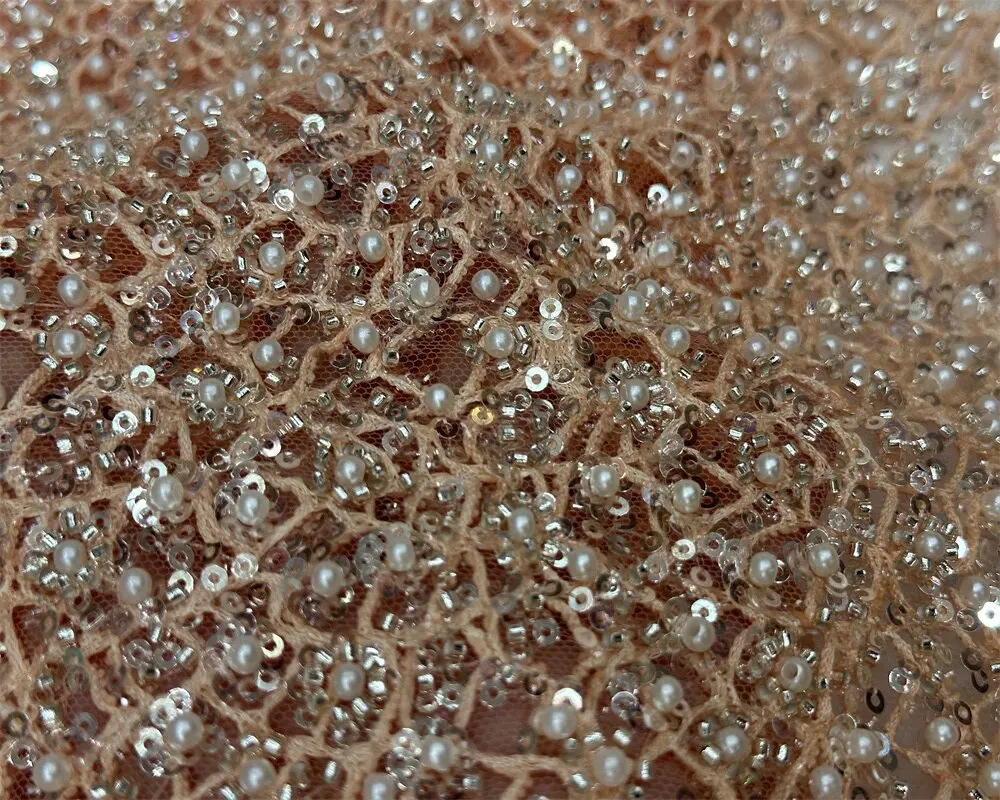 2024 neueste Luxus elegante beste Qualität Gold Farbe schwere Perlen Tube Spitze mit Pailletten Stoff für Party Abendkleid