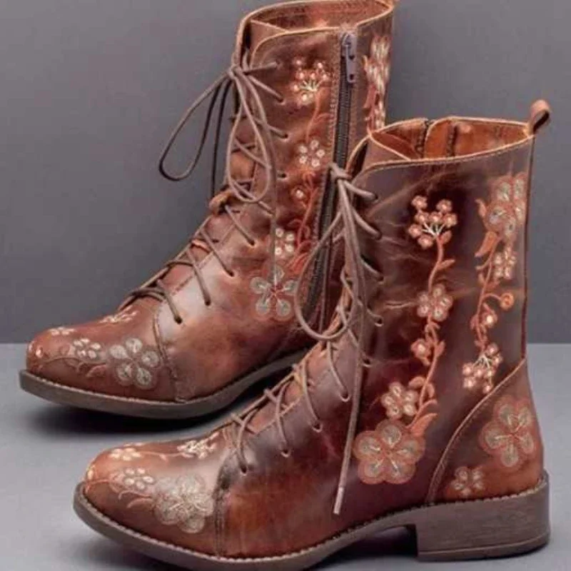 Frau Stiefeletten Stickerei Große Größe 43 Blume Stiefel 2020 Frauen Herbst Winter Lace Up PU Leder Weibliche Schuhe Damen schuhe