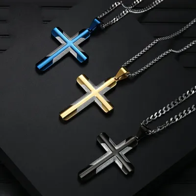 Einfache Curved Kreuz Anhänger Halskette für Männer Junge Blau Gold Schwarz Farbe Hip Hop Halsketten