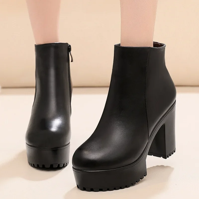 8cm 10cm Kleine Größen 33-43 Plateau-Schuhe mit Dicker Sohle, Stiefeletten mit Fell 2026 Blockabsatz Echtleder-Stiefel für Büro