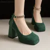 Punk Plattform High Heels Damen Knöchelriemen Mary Janes Schuhe Frau Luxus Grün Beige Blockabsatz