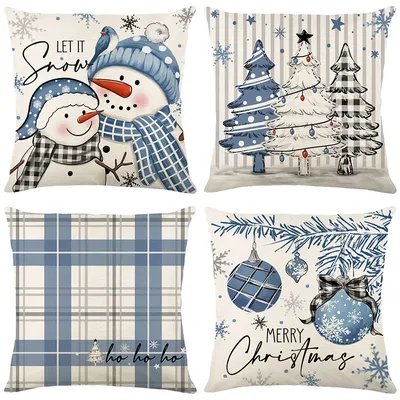 45cm x 45cm blau Weihnachten Kissen bezug Leinen kariert Schneemann Dekoration Sofa Kissen bezug Image