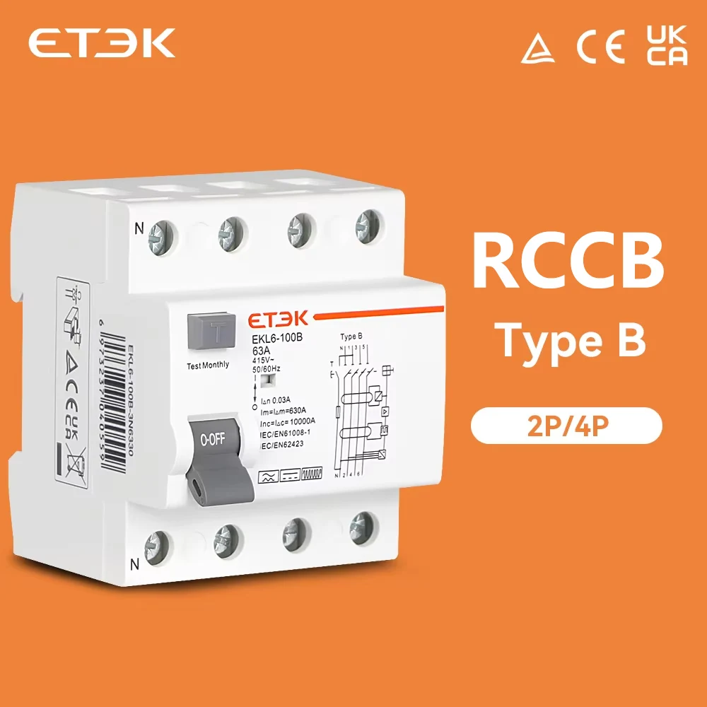 ETEK RCD RCCB Typ B Fehlerstrom-Schutzschalter für Erdung, EVSE 2P 4P 40A 63A 100A 30mA 300mA EKL6-100B DIN-Schiene 220V Image