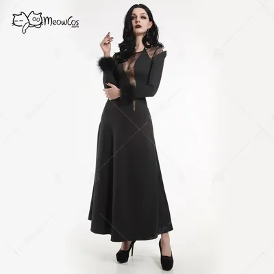 Meowcos Frauen Halloween Gothic Kleid Krähe Stil Mesh Spitze hohl lange schlanke Kleid Cosplay Image