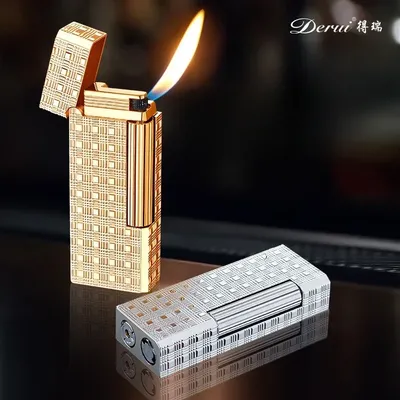2024 DERUI Metall Retro Mini Oblique Fire Aufblasbares Feuerzeug Exquisit geschnitzte Seitenrolle Ignite Gas Pipe Feuerzeuge Rauchergeschenk