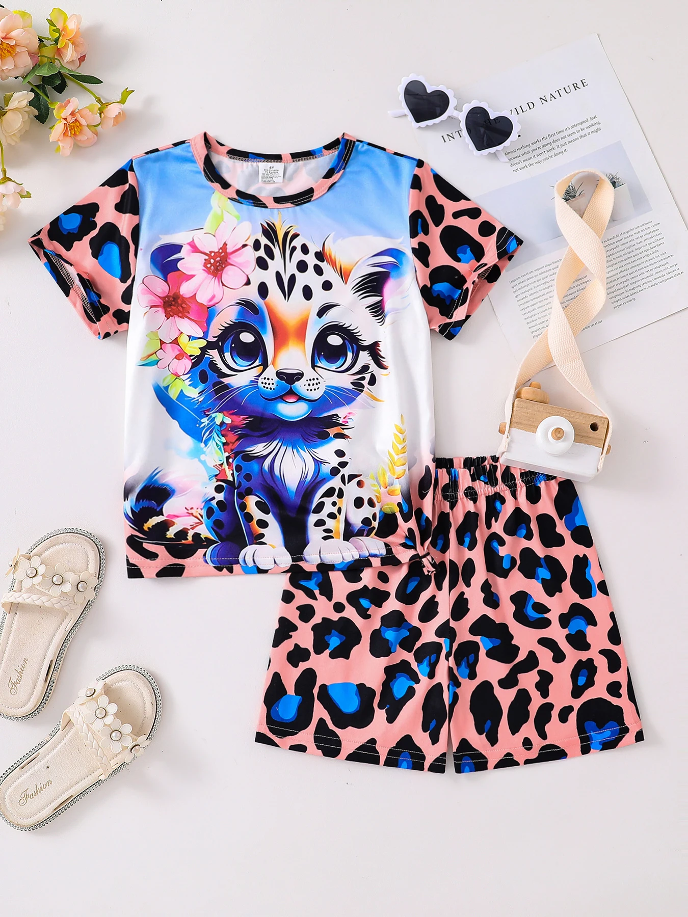 Sommer 2-teiliges Set niedlicher Cartoon Leopard lässige Kinder kleidung für Mädchen, gemischte Farbe 4-8y dünn, cool und atmungsaktiv Image