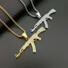 Hip Hop Strass gepflastert Bling Iced Out Gold Silber Farbe Edelstahl AK 47 Gun Anhänger Halskette