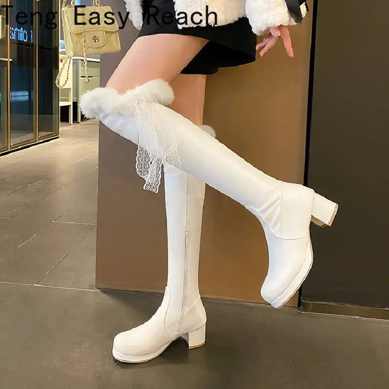 2025 neue Damen Winter Kniehohe Stiefel Mode Dicke High Heels Plüsch frauen Stiefel Party OL Faux Pelz frau Schuhe Größe 33-43