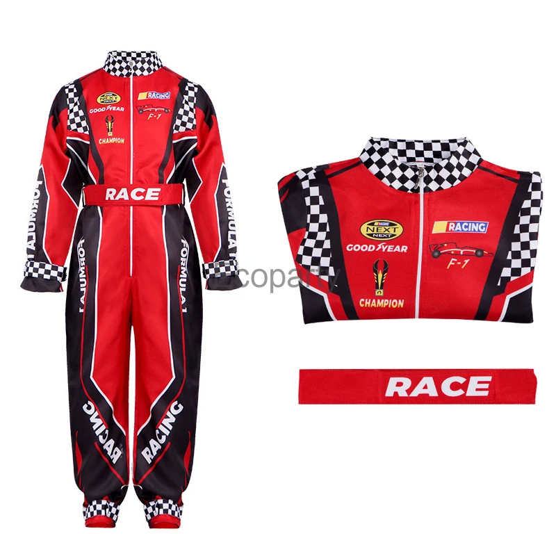 2024 Kinder Racer Cosplay Kostüm rot klassische einteilige Training Renn uniform Anzug für Kinder Halloween Kart Trikot Kleidung Image