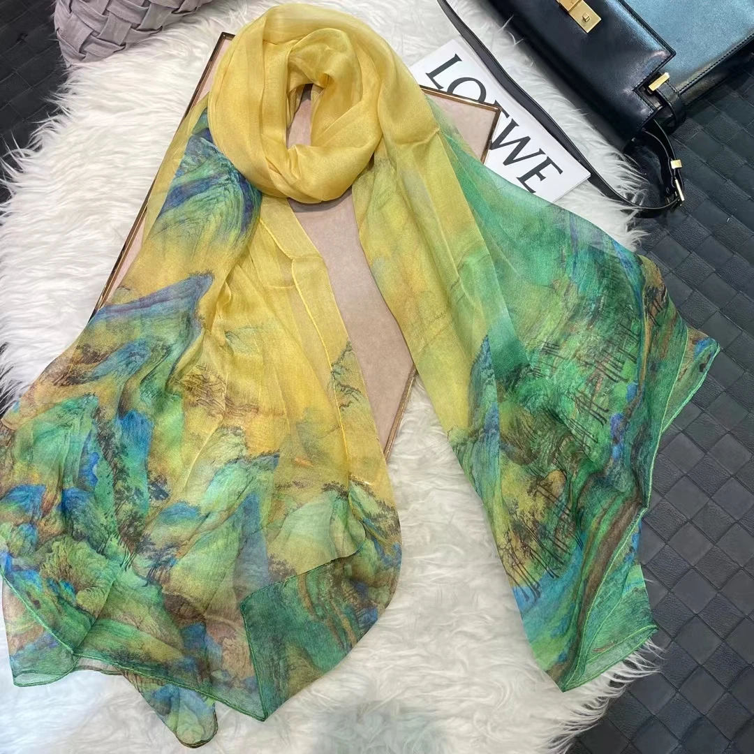 [BYSIFA] Grün Gelb 100% Seide Chiffon Schal Herbst Winter Marke Lange Schals Elegante Damen Sommer Strand Schal Abdeckung-ups Foulard
