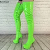 Ronticool Neue Stilvolle Frauen Plattform Glänzenden Oberschenkel Stiefel Unisex Stiletto Heels Runde Kappe Grün Gelb Cosplay Schuhe Uns Größe 5-20