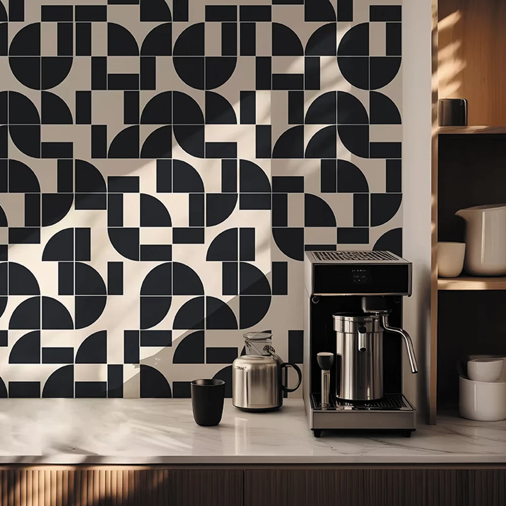 Geometrische Vintage-Tapete in Schwarz-Weiß-Palette, Mid-Century Modern Retro, PVC-Tapete für stilvolle Heimdekoration Image