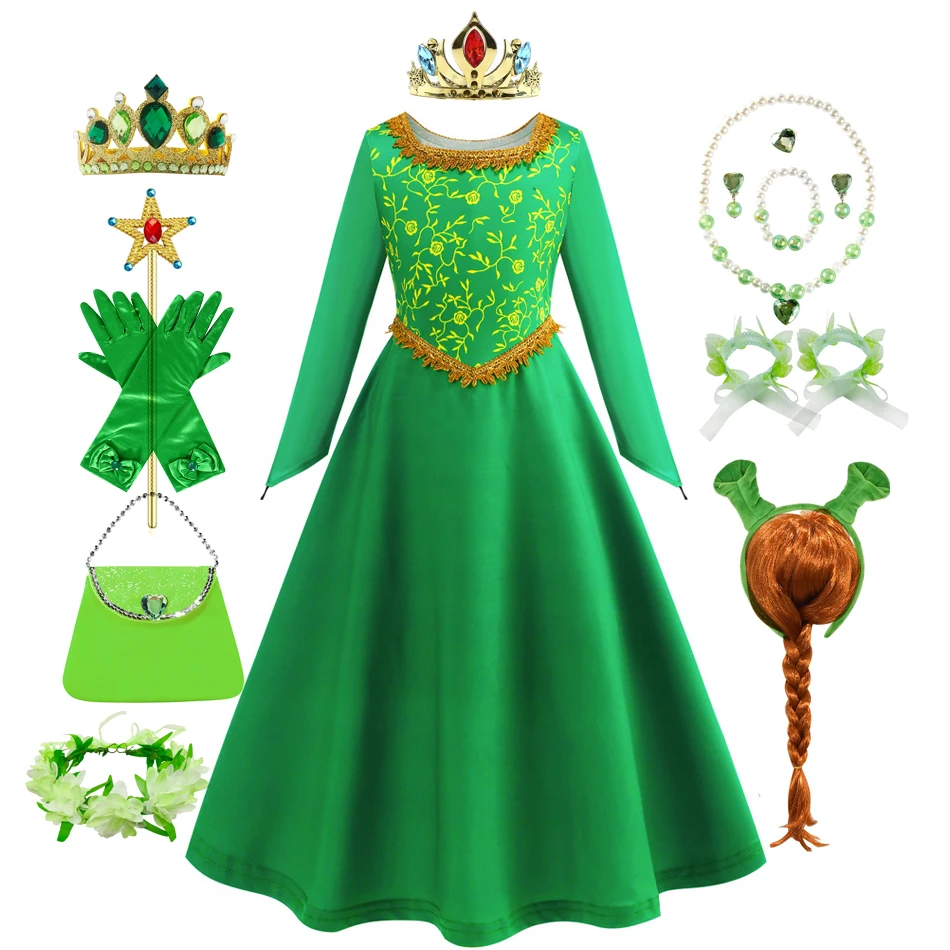 Fiona Kleid Halloween Shrek Cosplay Fantasy Dress Up Grüne Prinzessin Kostüm Kinder Elegantes Kleid Kinder Langarm Print Kleider Image
