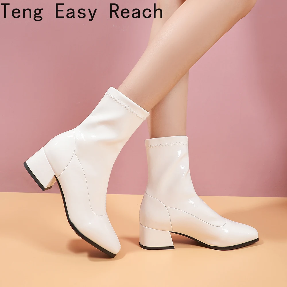 2025 frauen Stiefel Herbst Neue Schwarz Weiß Stiefeletten Fashion Square Toe Stiefeletten Bequeme Niedrigen Ferse Damen Schuhe Beige 43