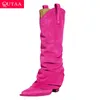 Qutaa Nachrichten Mode Frauen kniehohe Stiefel Western Cowboy klobige High Heels Frau Winter Wildleder Cowgirl lange Schuhe Größe 34-43