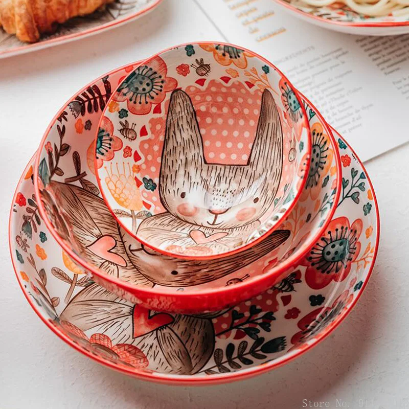 1pc/niedlichen kaninchen hand bemalt schüssel und platte unterglasur keramik haushalt suppe schüssel kommerziellen hotel nudel schüssel obst salat schüssel Image