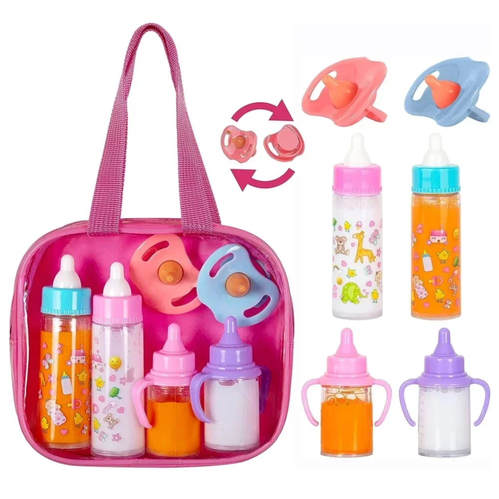 Kleine Größe Baby Puppe Babyflasche Set Babypflege Spielzeug Kinderwagen 2 Stück Milch- und Saftflaschen mit Spielzeug Schnuller für Babypuppen Image