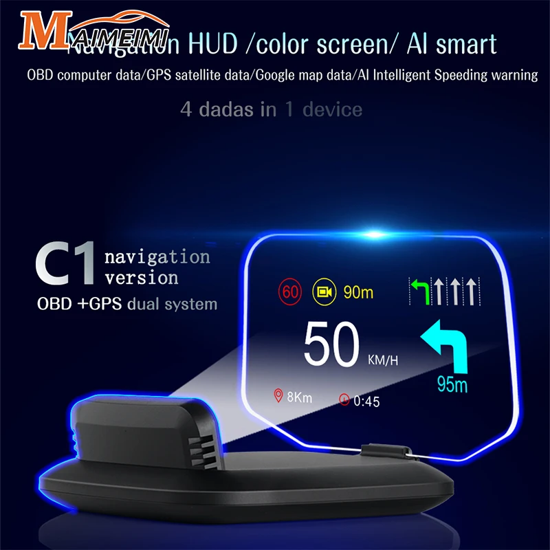 C1 navigations projektion für hud obd2 gps bluetooth-kompatible auto head up display über drehzahl drehzahl spannungs warnung autoteile Image