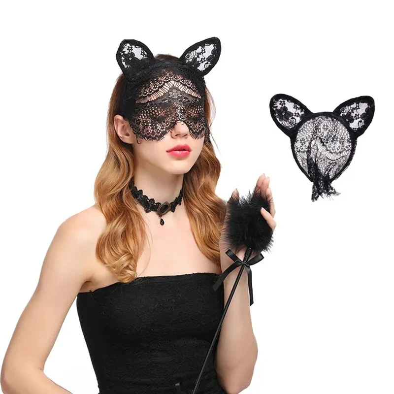 Schleier Katze Kaninchen Ohr Reifen sexy Spitze Katze Ohren Schleier Stirnbänder schwarze Haar bänder Augen maske Anime Katze Mädchen Cosplay Haar für Weihnachten Image