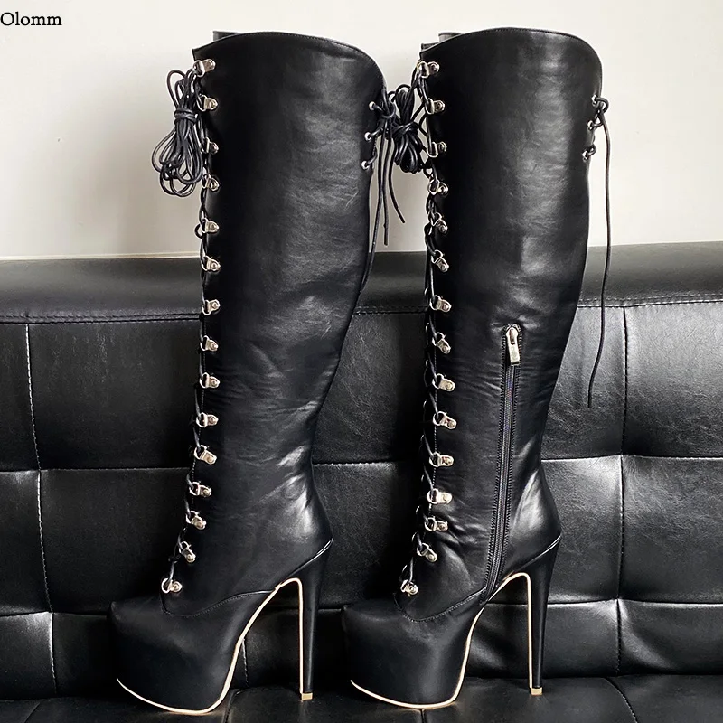 Olomm Handgemachte Frauen Winter Plattform Knie Stiefel Lace Up Sexy Stiletto Heels Runde Kappe Schwarz Club Unisex Schuhe Plus UNS größe 5-20