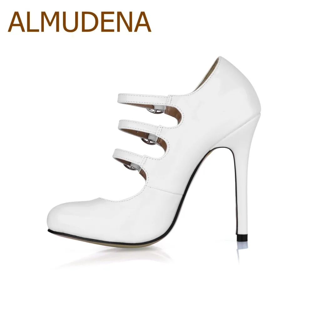 ALMUDENA Top Marke Weiß Schwarz Triple Schnalle Riemen High Heel Pumps Stiletto Heels Aushöhlen Kleid Pumps NightcluB Schuhe