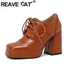 REAVE CAT Damen-Pumps, Zehen, klobige Absätze, 9,5 cm, Plattform, 2,5 cm, Schnürung, gemischte Farben, große Größe 47, 48, elegante Büro-Damenschuhe
