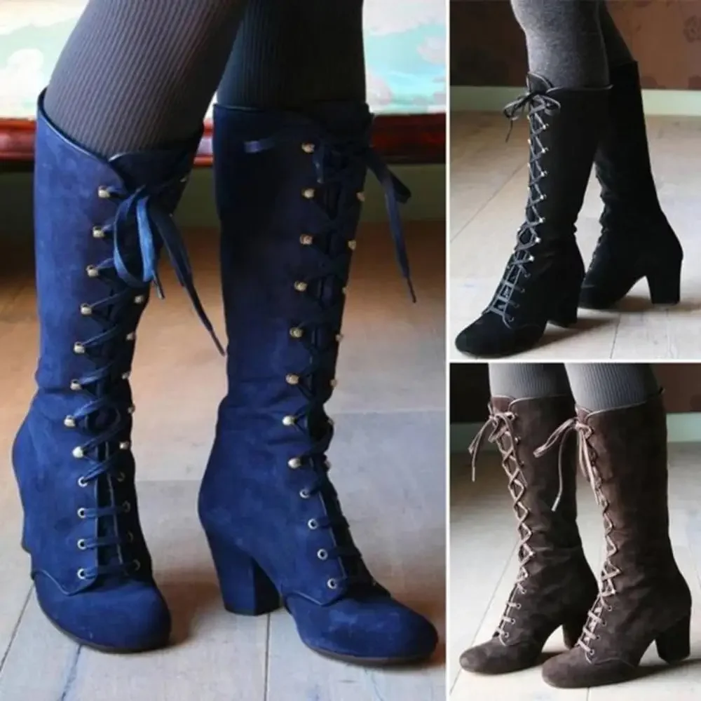 2024 schwarze Stiefel Damen Schuhe kniehohe Damen Casual Vintage Retro Mittelkalb Stiefel Schnürschuhe mit dicken Absätzen