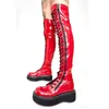 Damen Plattform Stiefel Gothic Keil Plattform Stiefel Punk Stil Lace-up Kniehohe Patent Leder Schwarz Zipper Stiefel Große größe 43