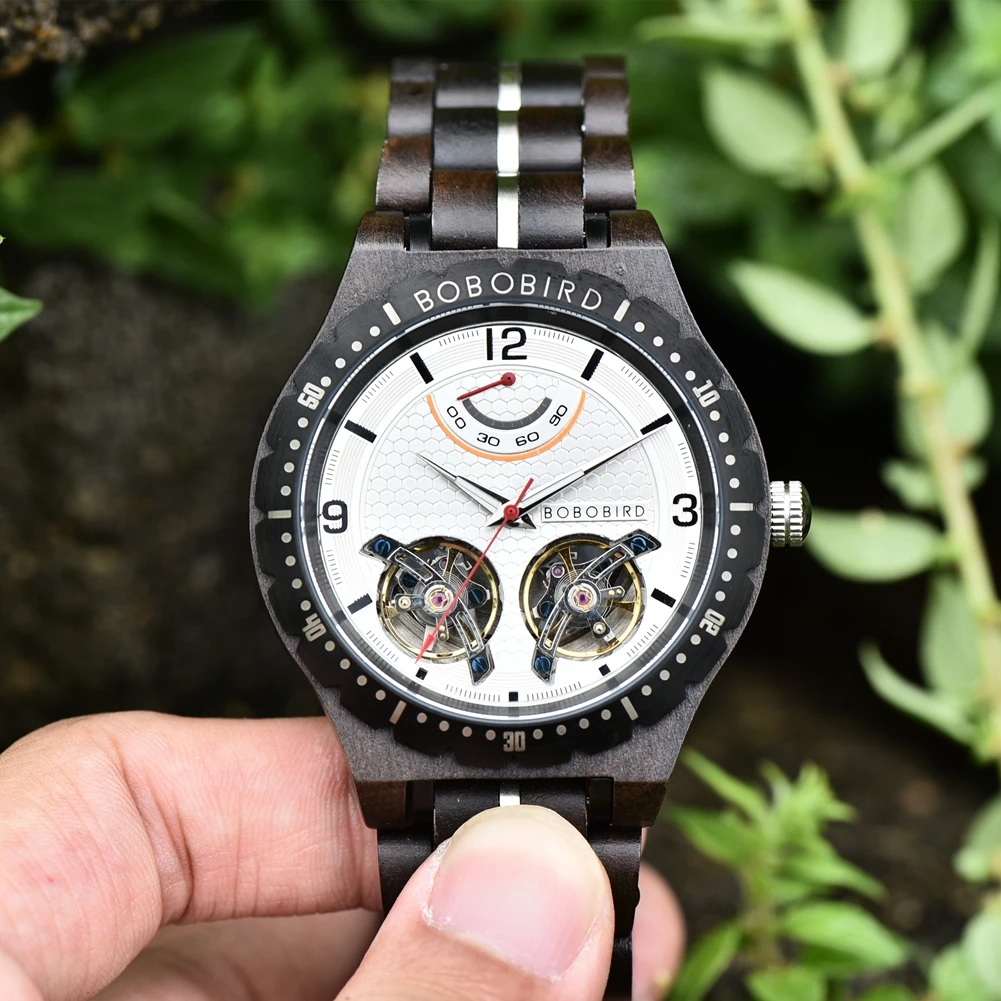 BOBO VOGEL Männer Mechanische Holz Uhren Doppel Tourbillon Bewegung Business Luxus Automatische Armbanduhren für Männer Große Geschenk Box Image