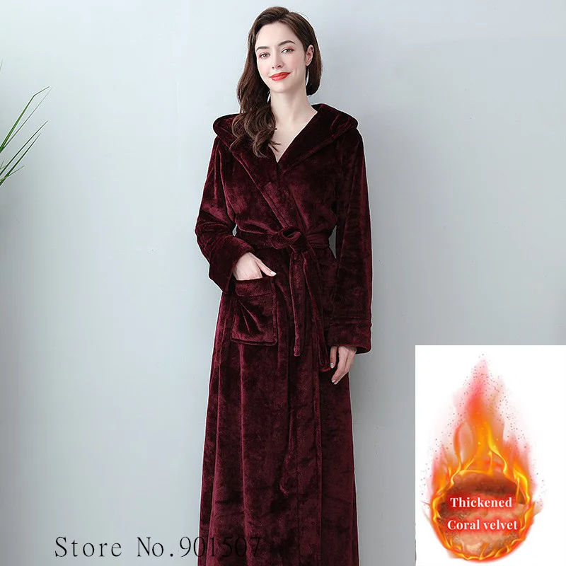 Warmer Kimono-Bademantel für Damen mit Kapuze, extra langer Kimono-Duschroben, lockere Peignoirs, Winter-Bademantel aus Korallenfleece, gemütliches Nachthemd Image