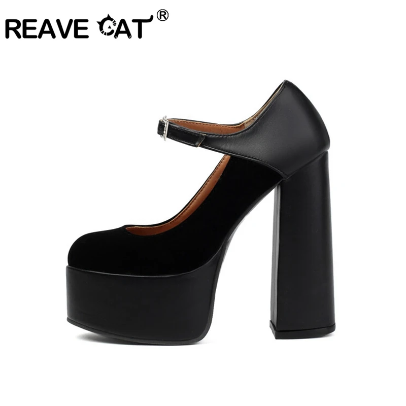 REAVE CAT 2024 Janes Damen Pumps Schuhe Runde Zehen 14 cm Dicker Blockabsatz 5 cm Plattform Wildleder Schnalle Große Größe 41 43