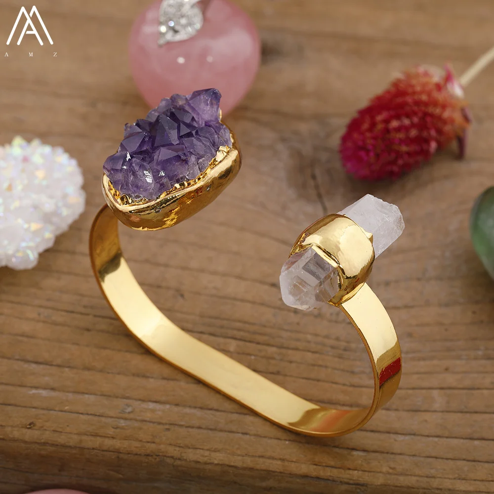 Klassische Frauen Heilung Kristall Manschette Armbänder Weiß Amethysten Quarz Gold Offene Armreif Für Frauen Weihnachten Schmuck Geschenk Image