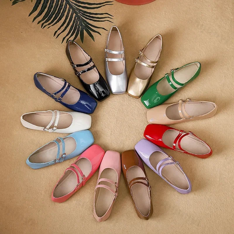 2026 Herbst Damen Flats Modische Eckige Zehenpartie Flache Mary Jane Schuhe Weiche Lässige Ballerinas für Damen Mehrfarbige Schuhe Größe 44