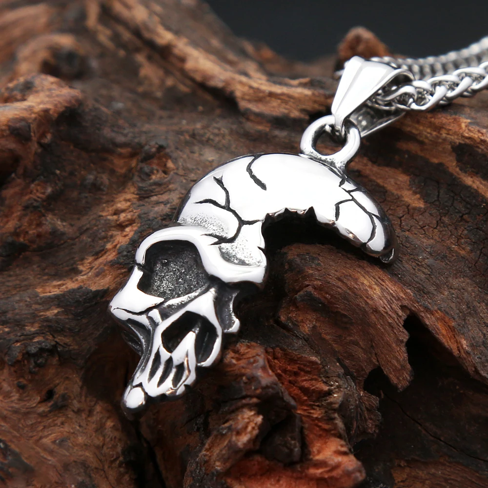 Punk Vintage Halbe Gesicht Schädel Anhänger Halskette Für Männer Edelstahl Gothic Biker Skeleton Halskette Halloween Schmuck Großhandel