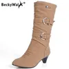 Große Größe 34-43 Herbst Winter PU Leder Schnalle Chunky Heels Mitte Wade Stiefel Benutzerdefinierte Runde Zehe Slip auf Casual Frauen Schuh WSH3476