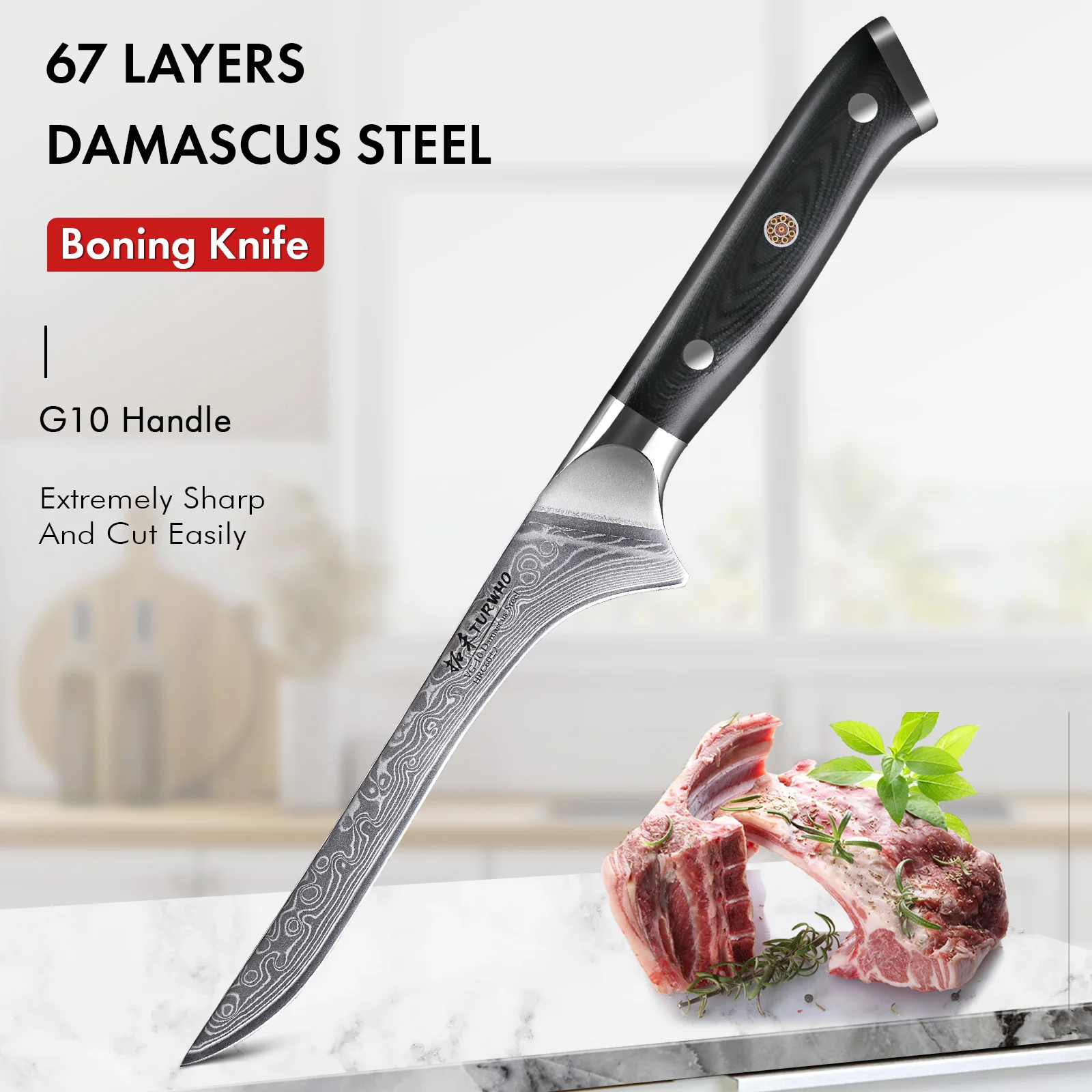 Turwho 6.5 "Knochen messer Damast Stahl Küchenmesser Metzger Hackmesser Utility Fischs ch neider Schinken Koch Kochute nsilien G10 Griff Image