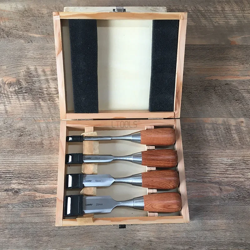 4-teiliges Set kurzer Holz bearbeitungs meißel Chrom-Vanadium-Stahl klingen halter Birnen holzstiel 6//25mm Tischler meißel werkzeuge Image