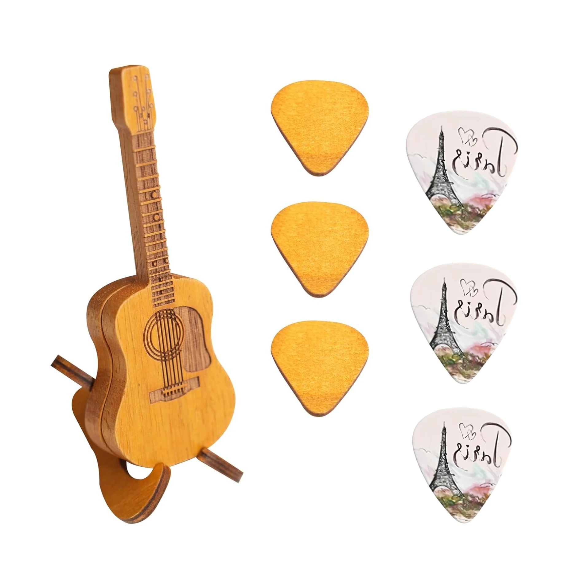 Holz gitarren Pick Case mit Halter & 3 stücke Holz Gitarren Picks und Geschenk an 3 stücke Eiffelturm gemalt Gitarren paddel für Bass Liebhaber