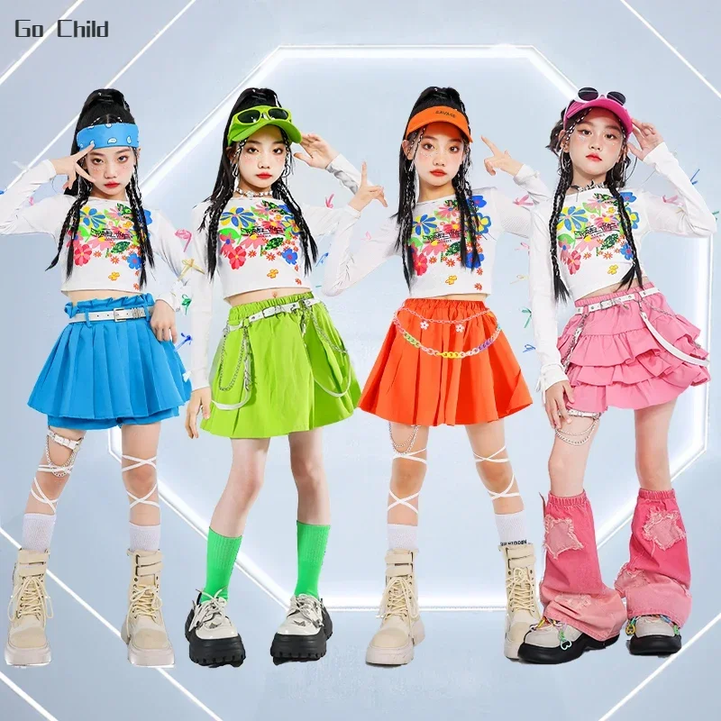 Hip Hop Mädchen K-pop Crop Top Street Dance Candy Farbe Tiered Röcke Kinder Streetwear Kinder Jazz Kostüme Süße kleidung Sets