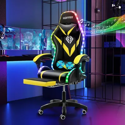 Ergonomic Gaming Chair with Bluetooth Speakers and RGB LED Lights, High Back with Lumbar Support and