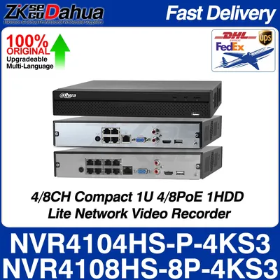 Dahua NVR4104HS-P-4KS3 NVR4108HS-8P-4KS3 4/8CH Compact 1U 4/8PoE 1HDD Lite Network Video Recorder AI