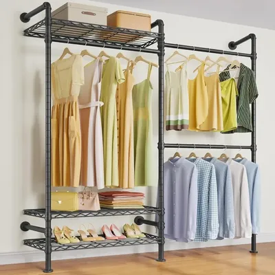 Industrial Pipe Clothes Rack Wall Mounted Clothing Rack for Hanging Clothes, Expandable Garment Rack