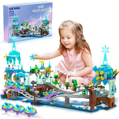 Frozen Roller Coaster Building Set with LED-City Ice Snow Amusement Park Rollercoaster Windmill Ski