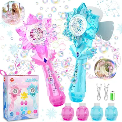VATOS Recharge Bubble Wand X2 for Kids Girls Boys LED Electric Auto Snowflake Bubble Blower Gun With LED Light Music Outdoor Fun
