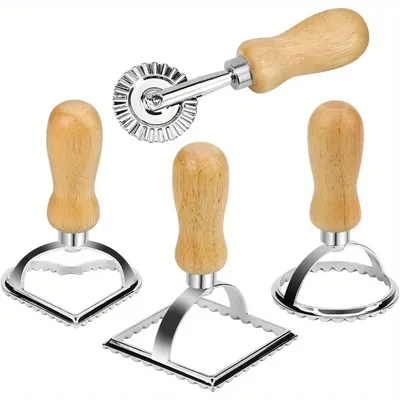 Ravioli Stamp Maker Cutter with Roller Wheel (Set of 4), Wooden Handle and Fluted Edge, for Ravioli,