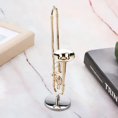 Miniature Trombone Musical Model Miniature Trombone Replica with Stand and Case Gold Plated